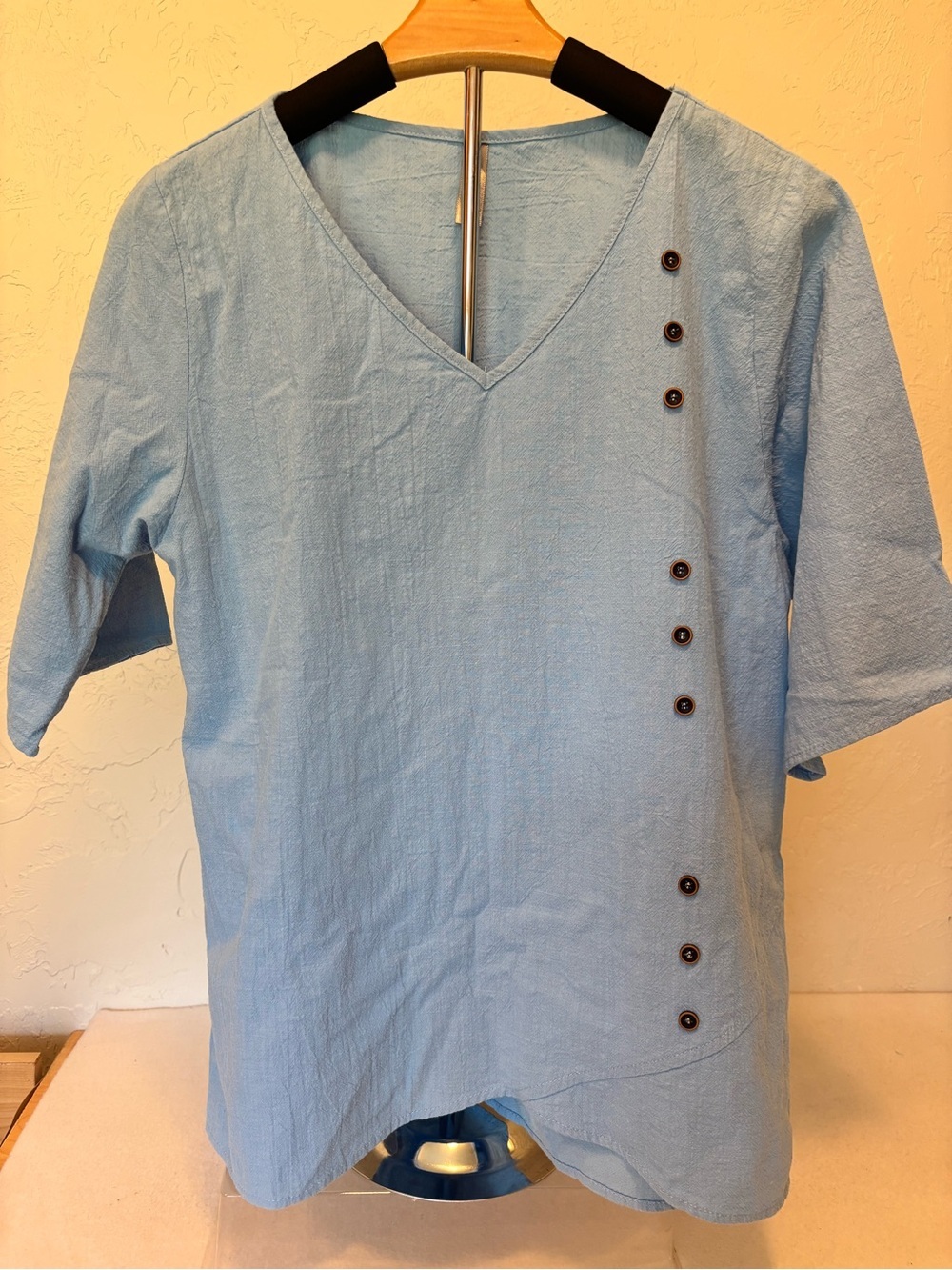 Noracora Blue Cotton Asymmetrical Button Tunic Top Size Small Boho Casual